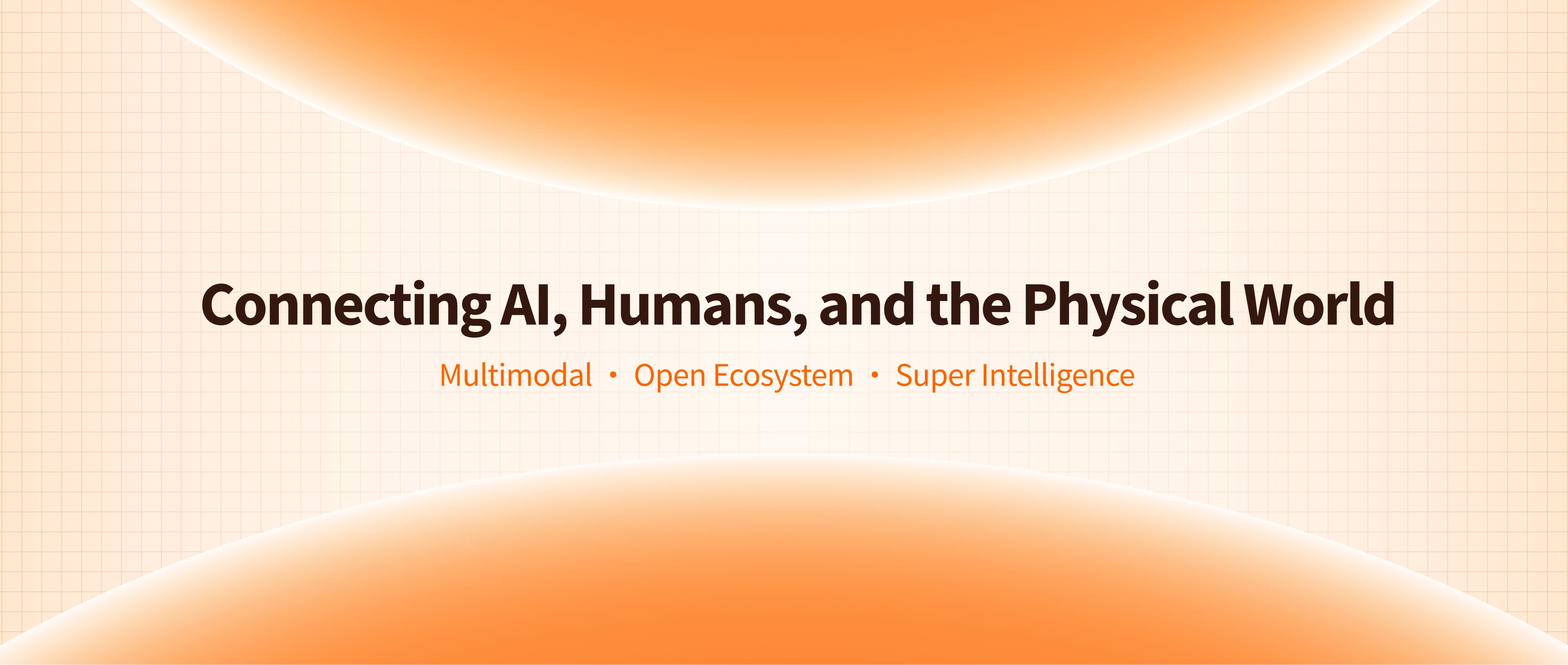 Connecting AI, humans, and the physical world. Multimodal, Open Ecology, and Situational Intelligence. The brand visual fusion of text and silver blue light flow, glass and metal structure.